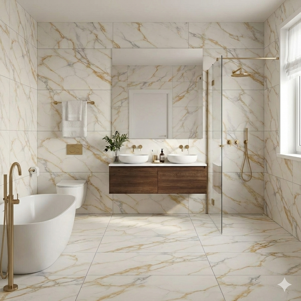 Genesis Staturio Matt White Porcelain Wall And Floor Tiles with gold marble veining
