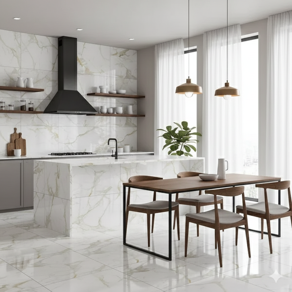 Genesis Staturio polished marble effect porcelain wall and floor tiles with white and gold veining.