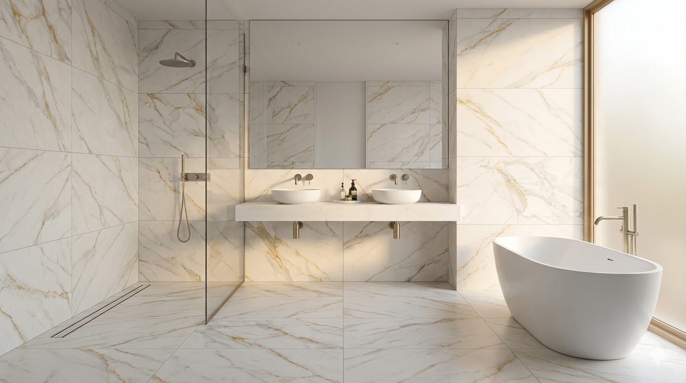 Genesis Staturio Porcelain Wall And Floor Tiles with white marble effect and golden veining.