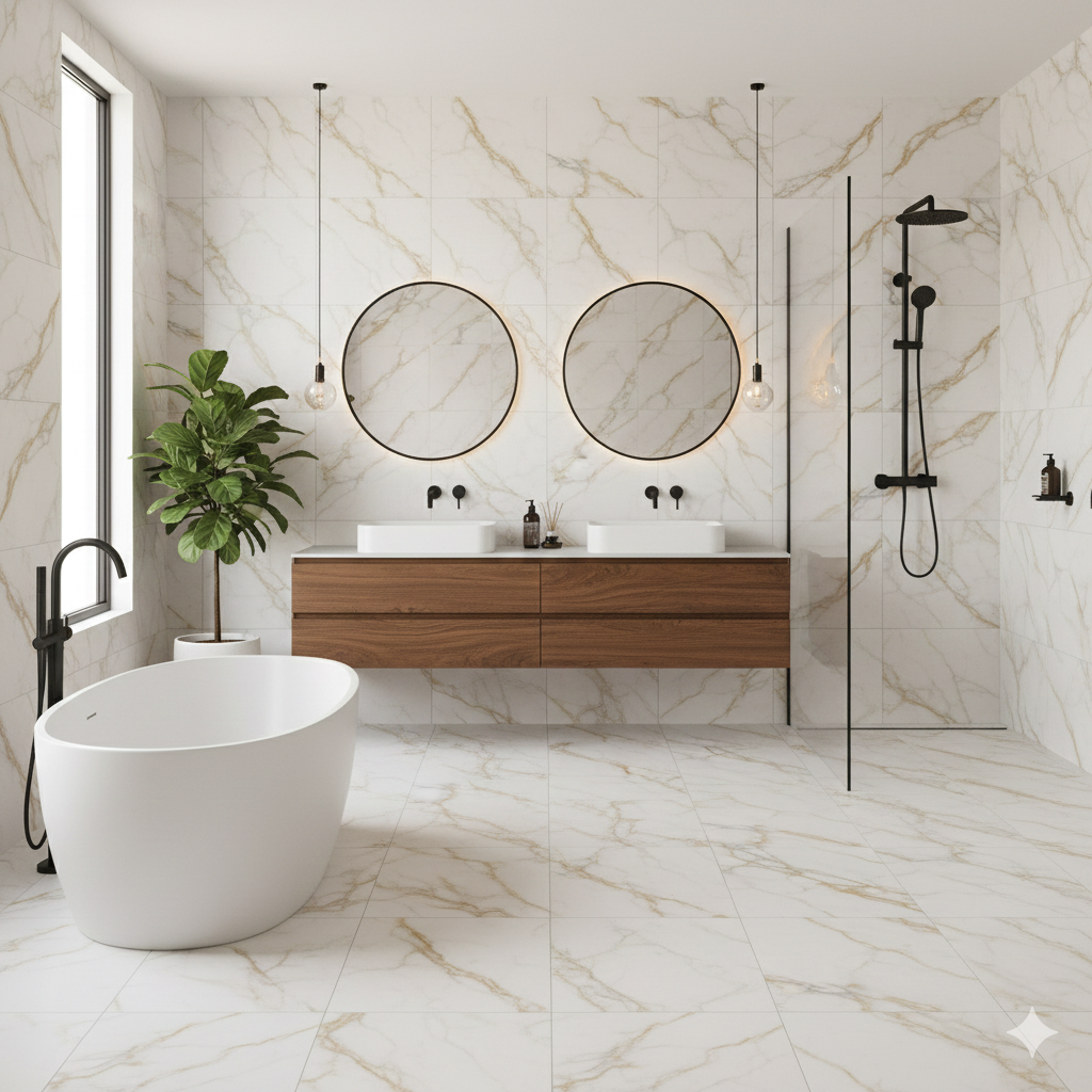 Genesis Staturio matt white porcelain wall and floor tiles with subtle marble effect veining.