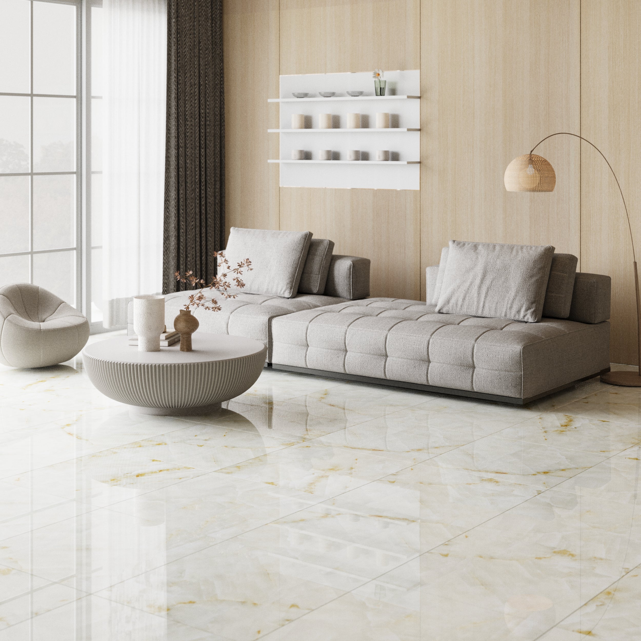 Glazier Bianco Glossy Luxury Porcelain Tiles for elegant white floors and walls in modern interiors.