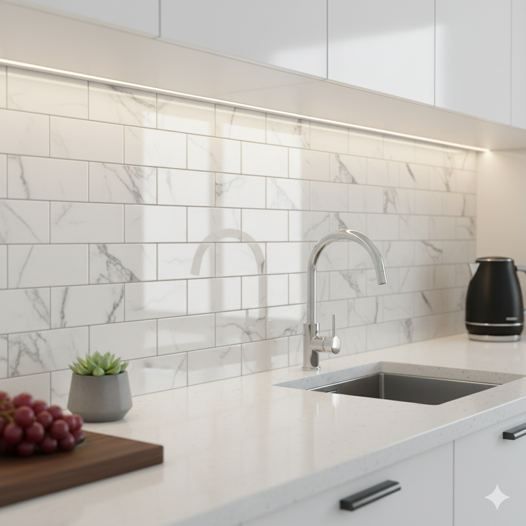 Gloss bevelled porcelain wall and floor tiles in white and grey marble design