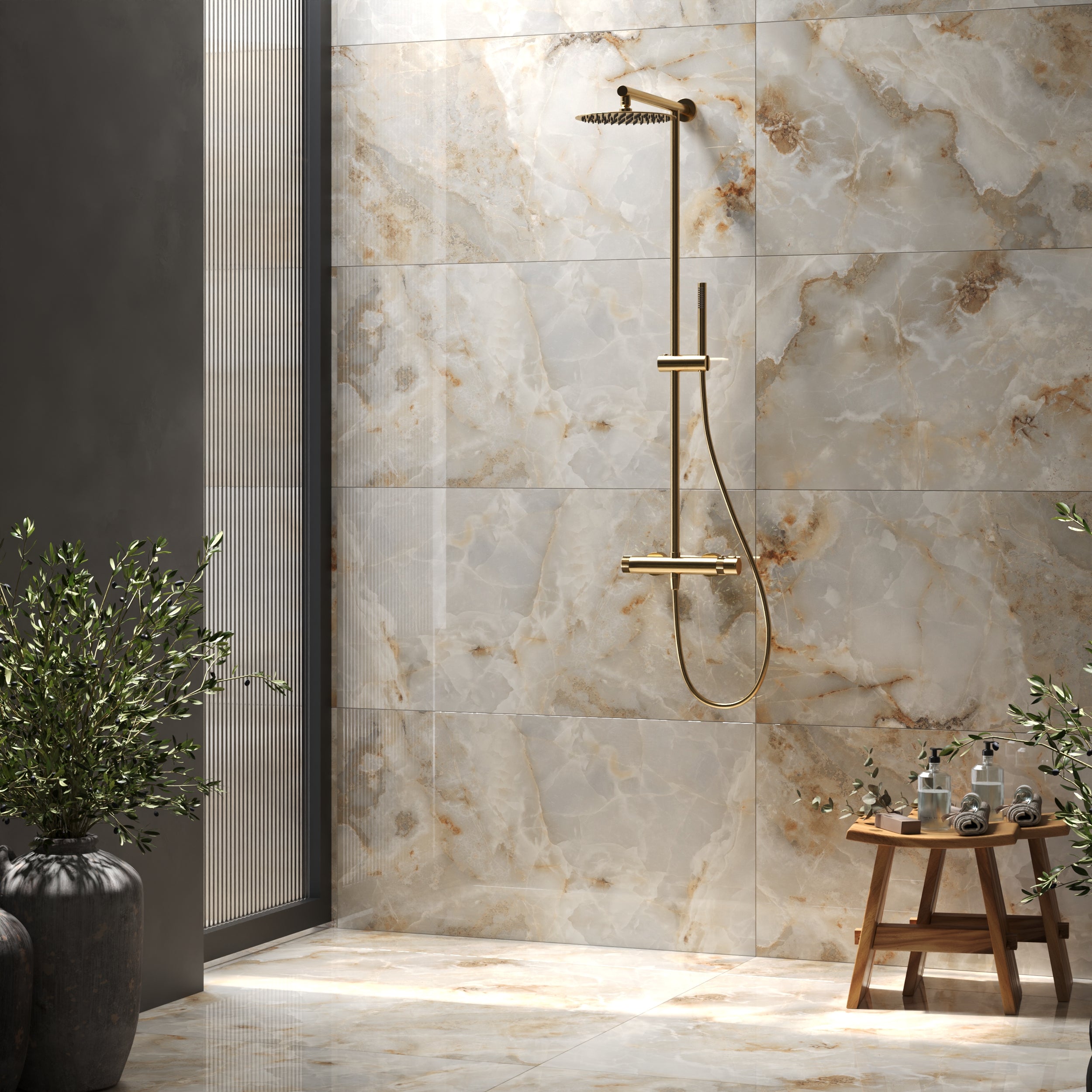 Glossy beige onyx effect porcelain tiles for seamless wall and floor design