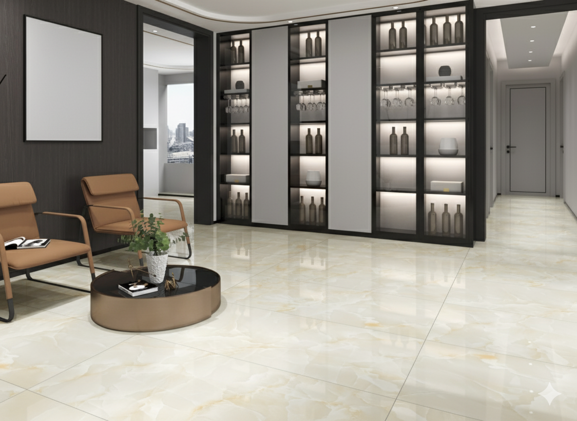 Glossy beige Pearl Onyx Porcelain Wall And Floor Tiles with elegant gold marble veining.