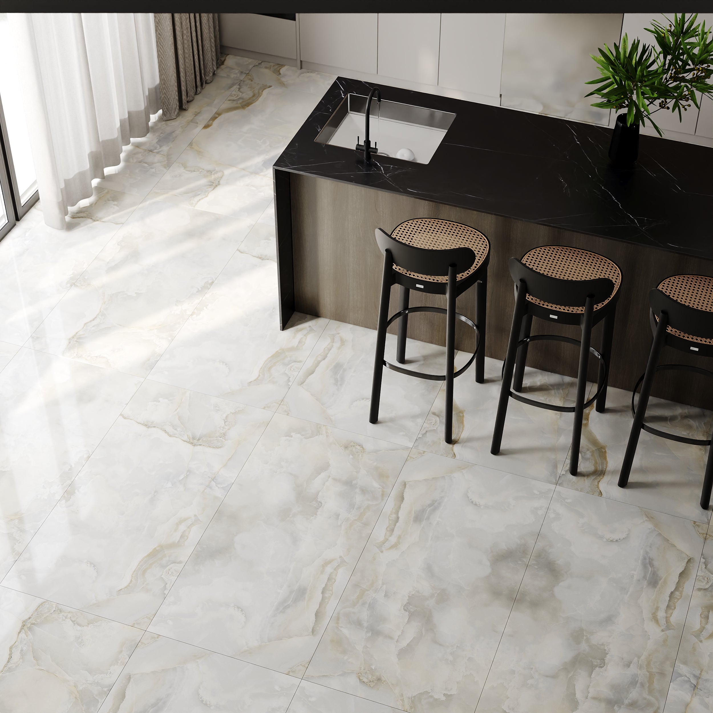 Glossy Eternity Onyx Porcelain Wall And Floor Tiles with soft cloud-like veining