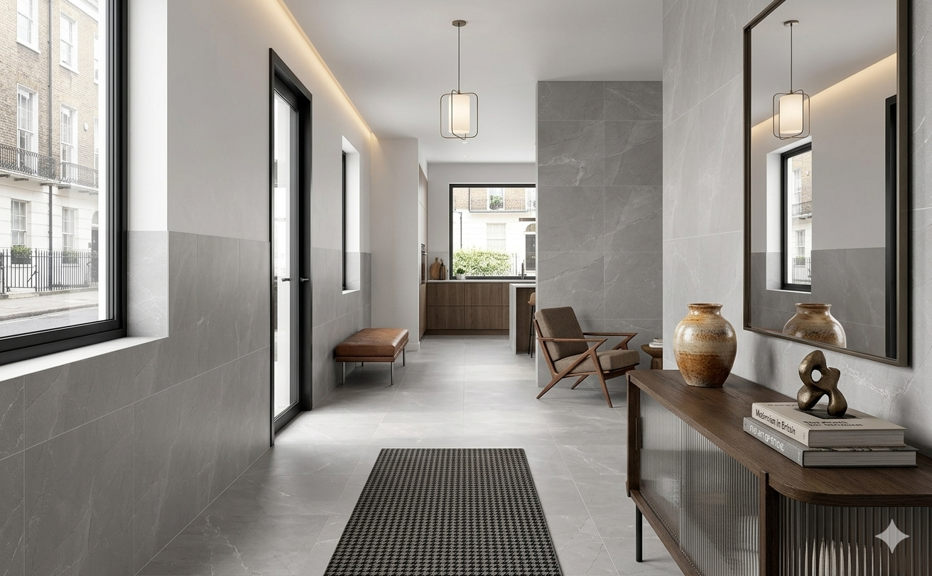 Glossy grey marble effect porcelain wall and floor tiles adding elegance to contemporary living spaces.