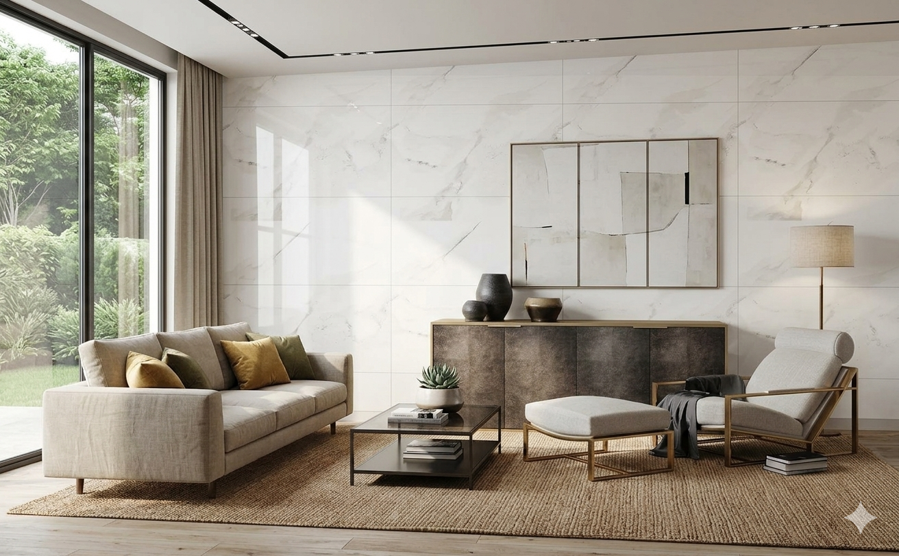 Glossy large white porcelain wall and floor tiles creating a bright and spacious contemporary interior.