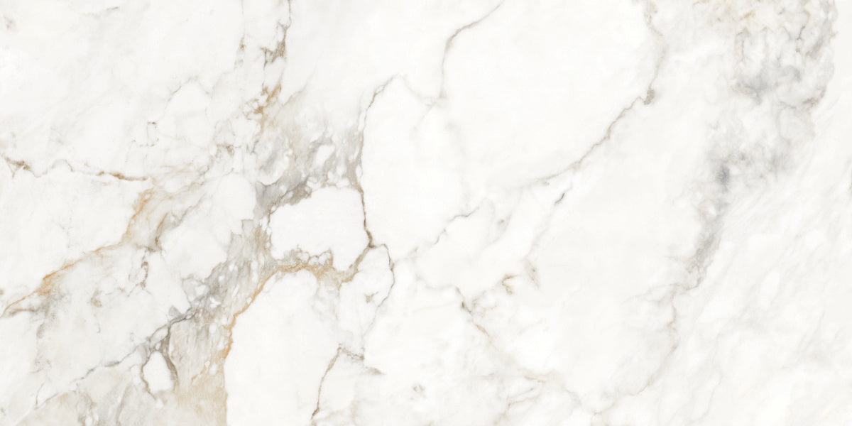 Glossy marble effect porcelain wall and floor tiles creating bright luxurious interiors