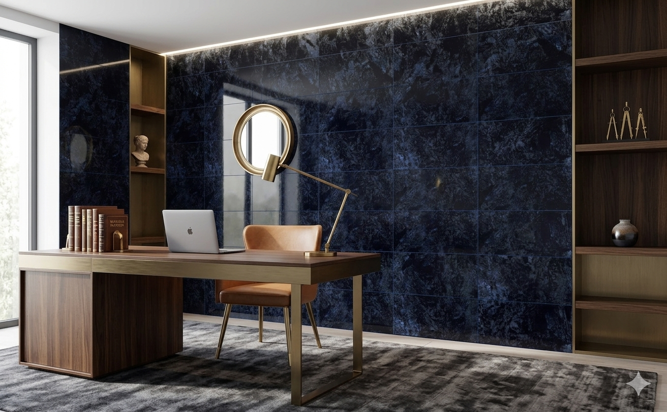 Glossy navy porcelain wall and floor tiles for contemporary luxury interiors.