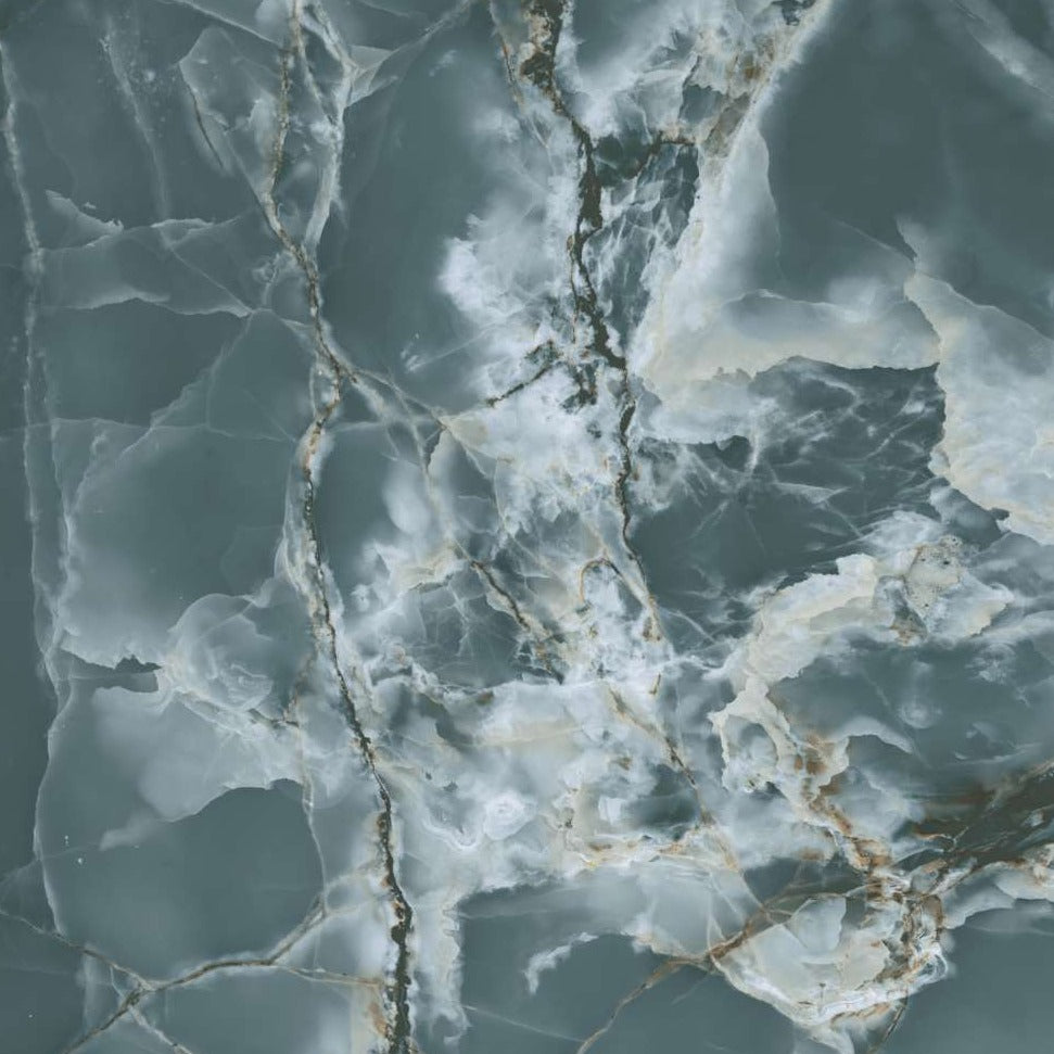 Glossy Onyx Ocean Blue Marble Effect Porcelain Wall And Floor Tiles with mirror-like reflection.