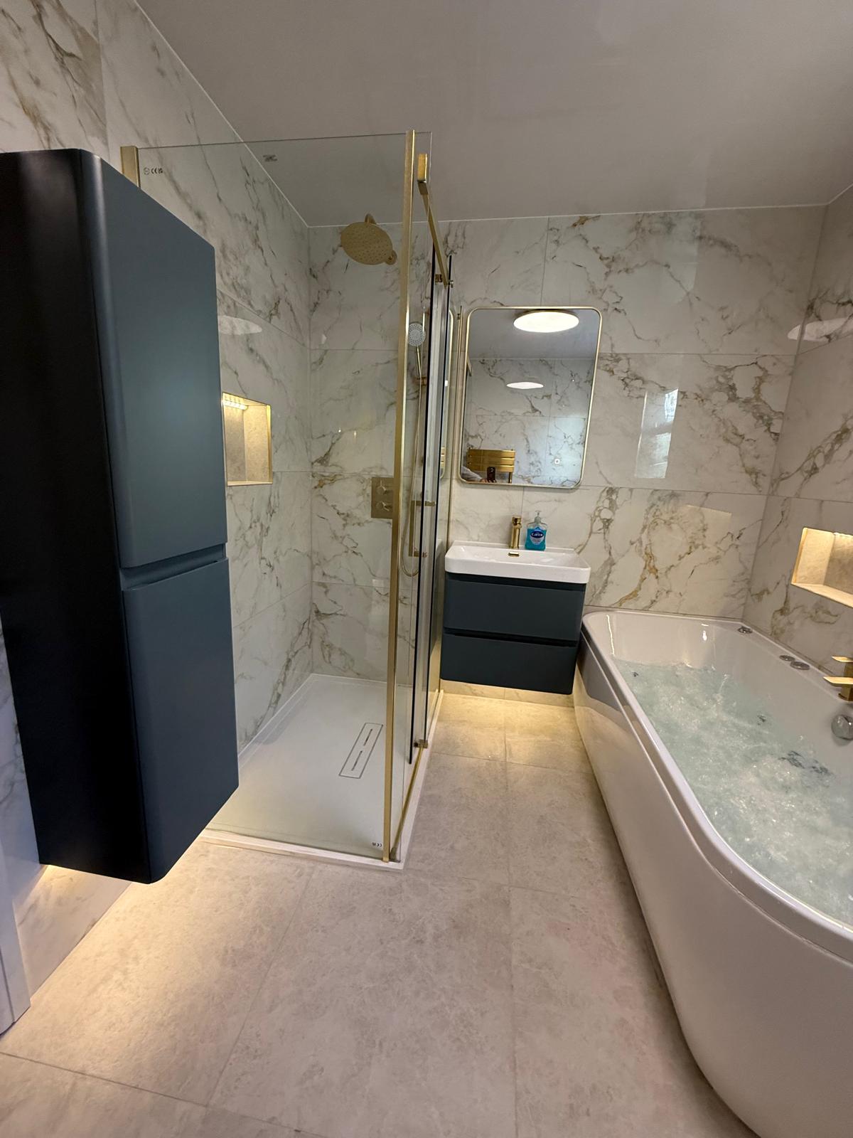 Glossy porcelain wall and floor tiles with marble effect for elegant commercial interiors