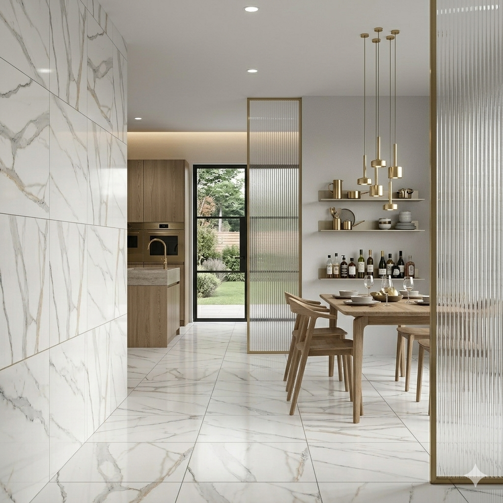 Glossy white marble effect porcelain wall and floor tiles with elegant gold veining for modern interiors.