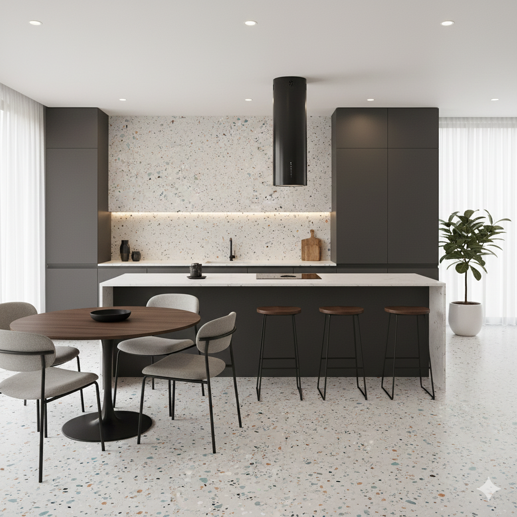 Gobi Bianco matt white porcelain wall and floor tiles with terrazzo effect and colorful flecks.