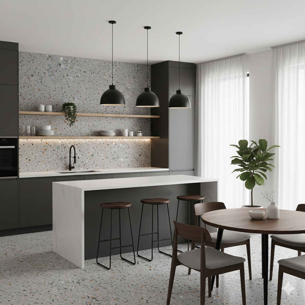 Gobi Grigio matt terrazzo-effect grey porcelain wall and floor tiles with subtle fleck detail.