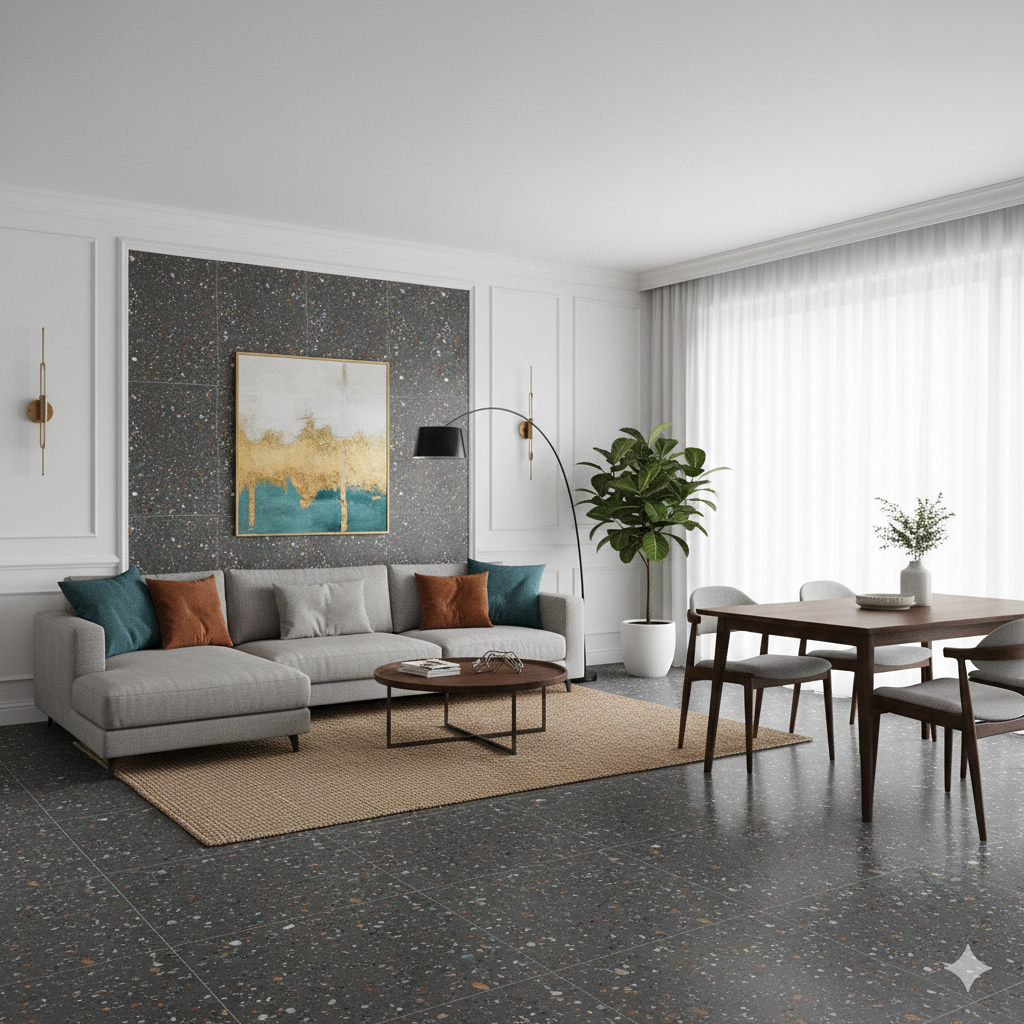 Gobi Nero matt black terrazzo porcelain wall and floor tiles with subtle scatter detail.