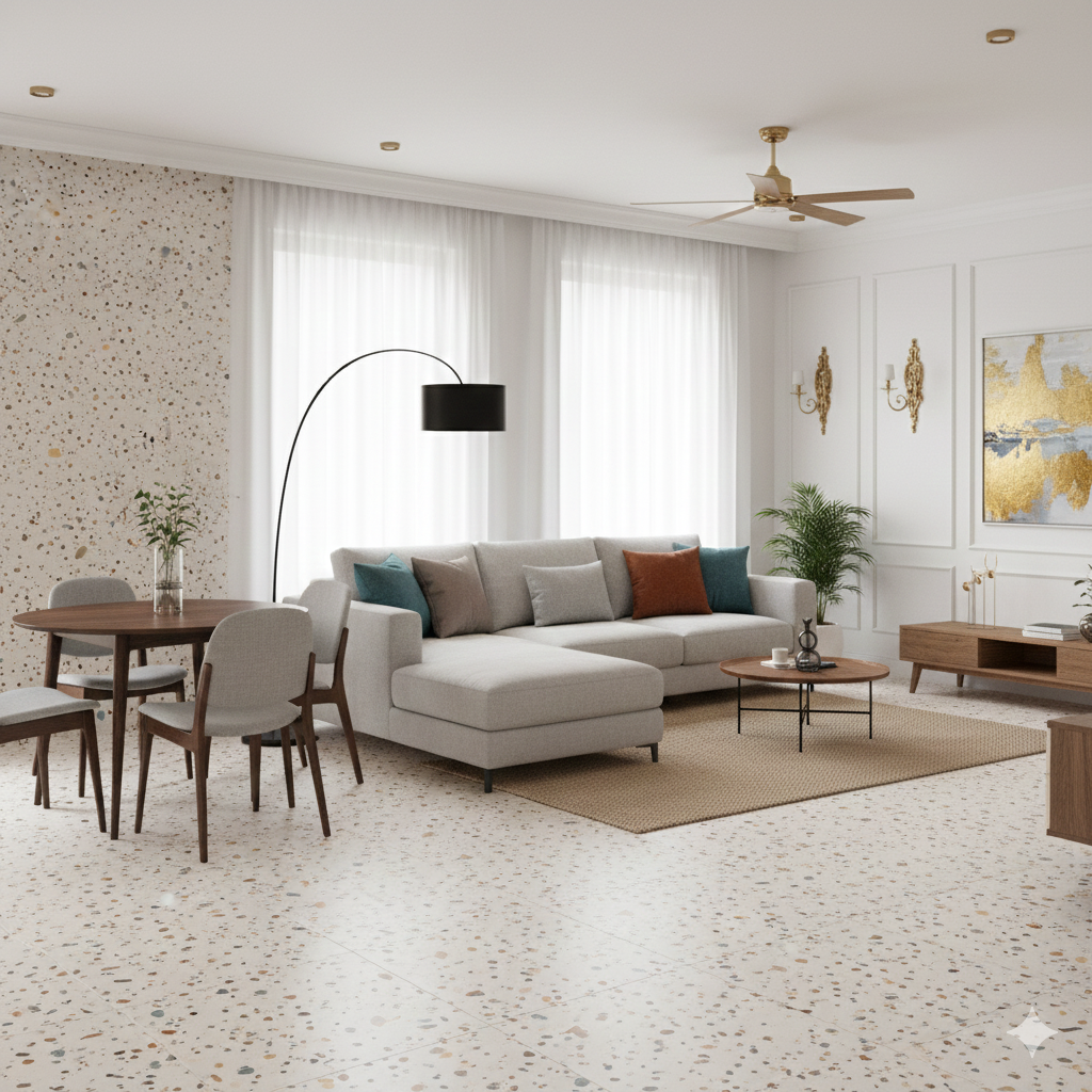 Gobi Nude matt terrazzo porcelain wall and floor tiles in warm beige and cream tones.