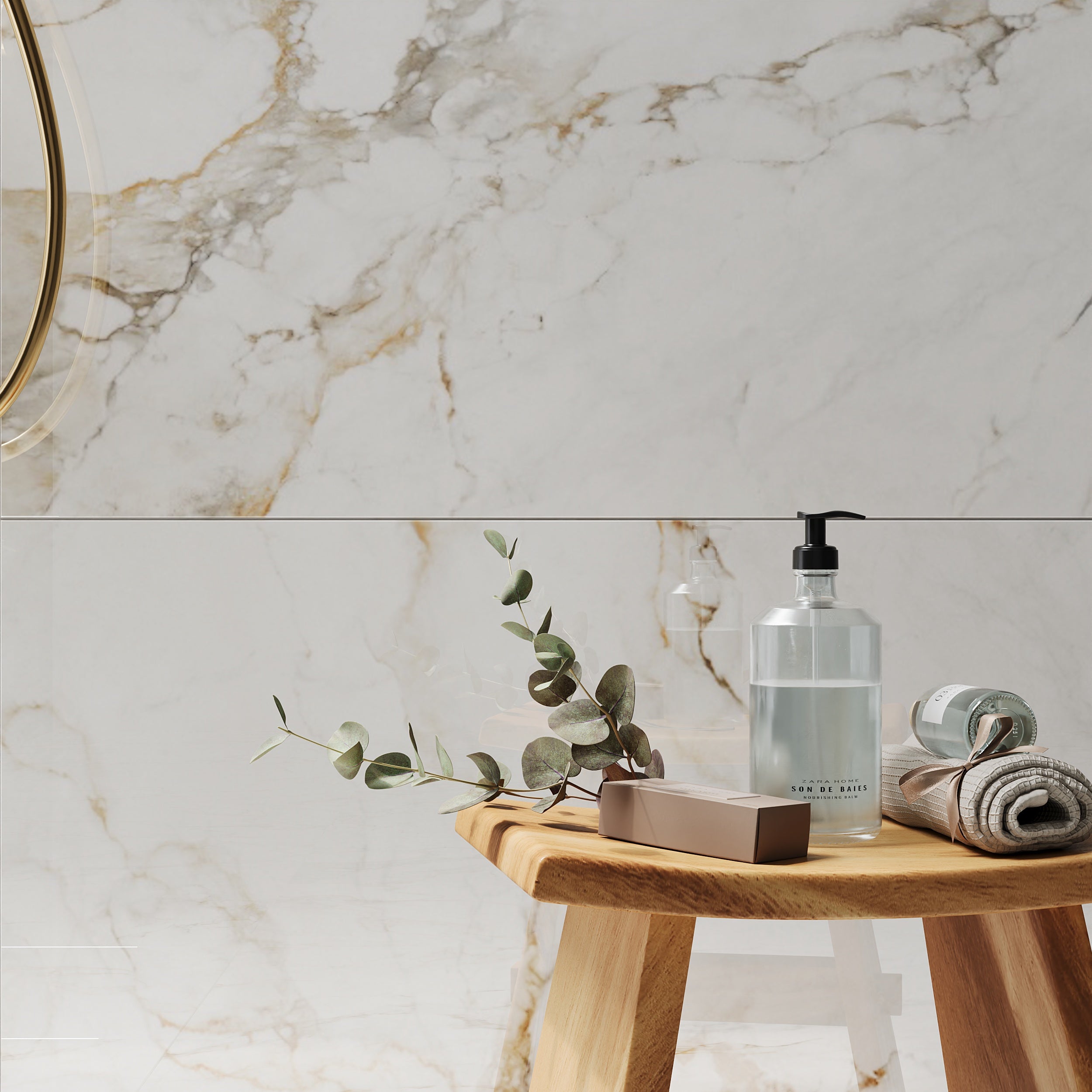 Large format gold marble effect tiles with high gloss finish for modern spaces