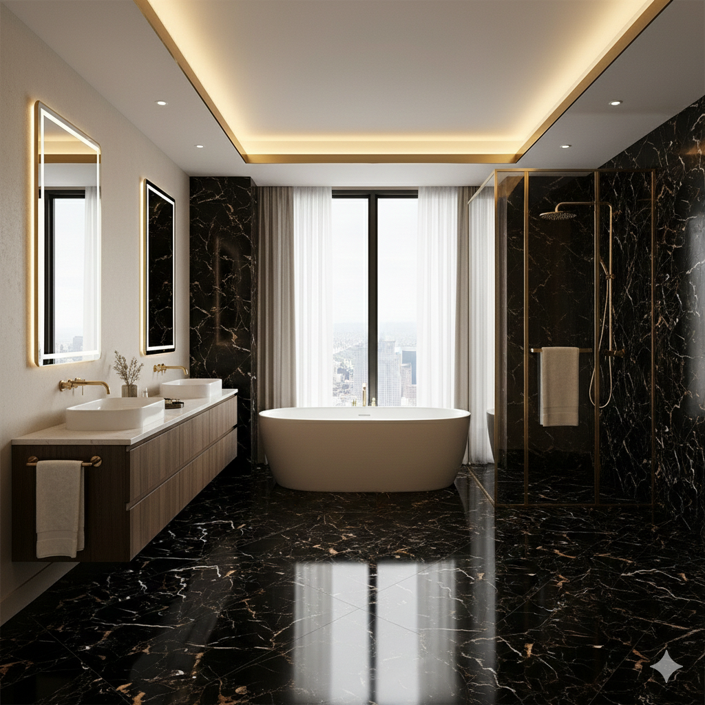 Golden Bordeaux Black Marble Effect Porcelain Wall And Floor Tiles with luxurious gold and white veining.