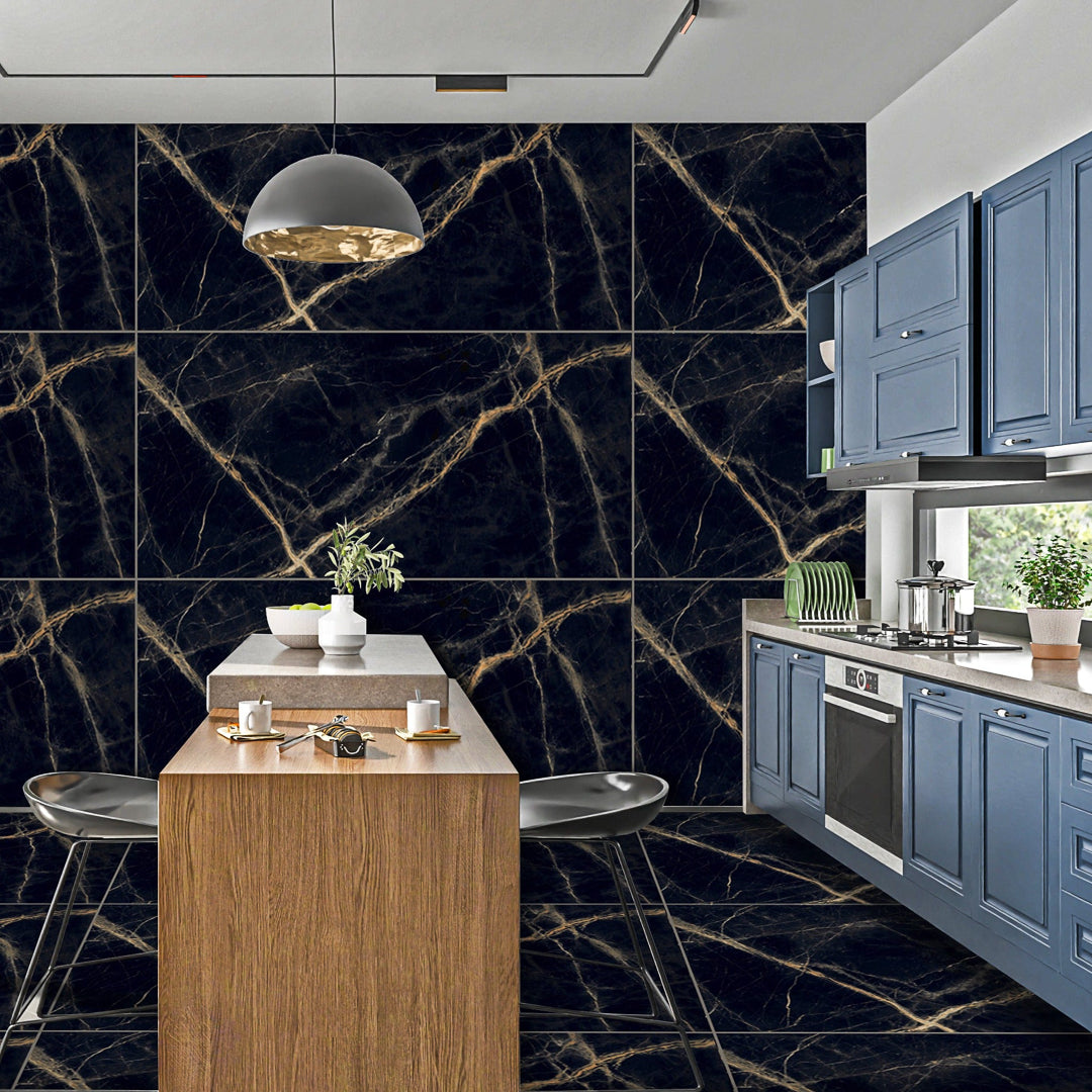 Golden Spider dark Porcelain Wall And Floor Tiles with glossy finish and gold veining.