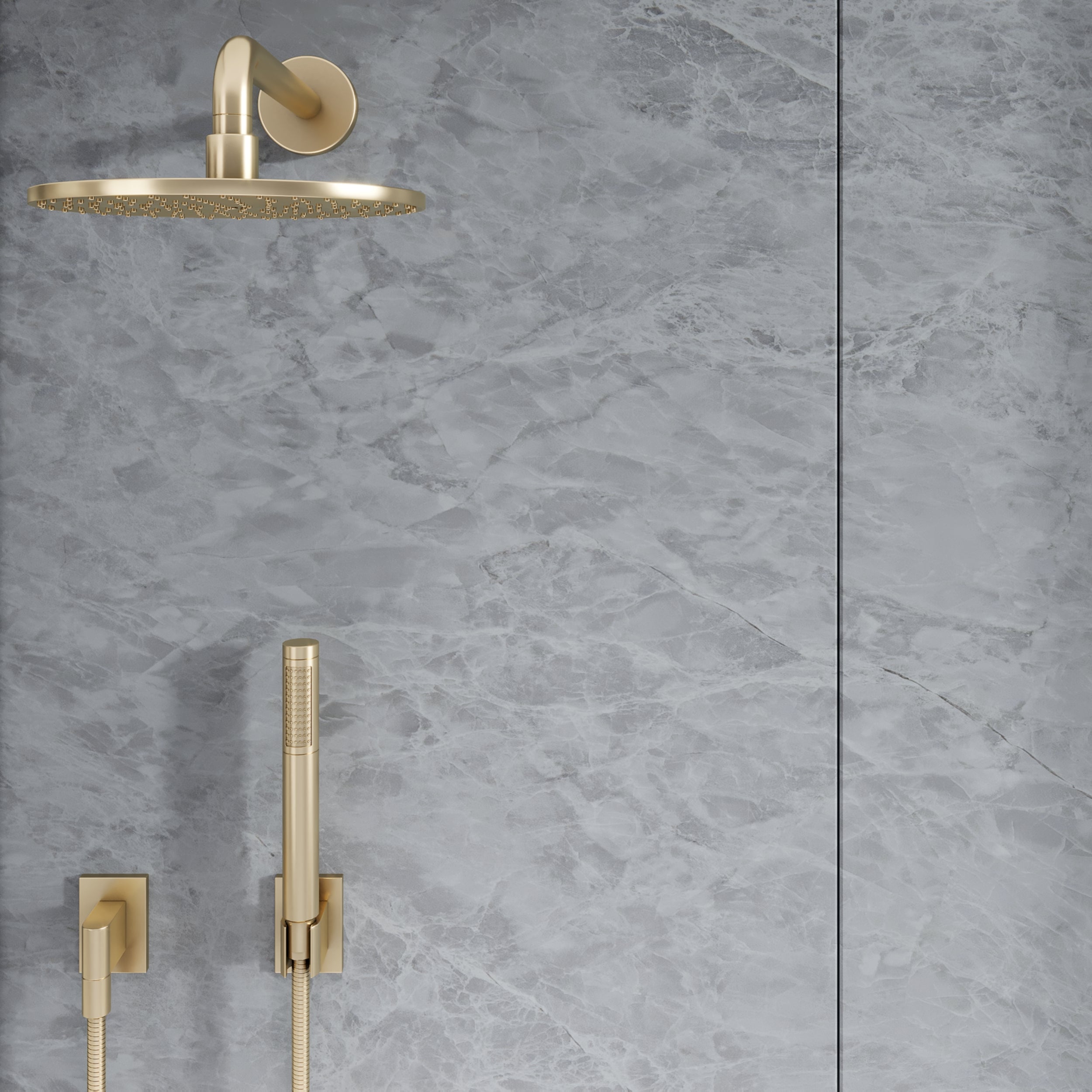 Grey brushed stone effect shower panels with seamless waterproof PVC finish.