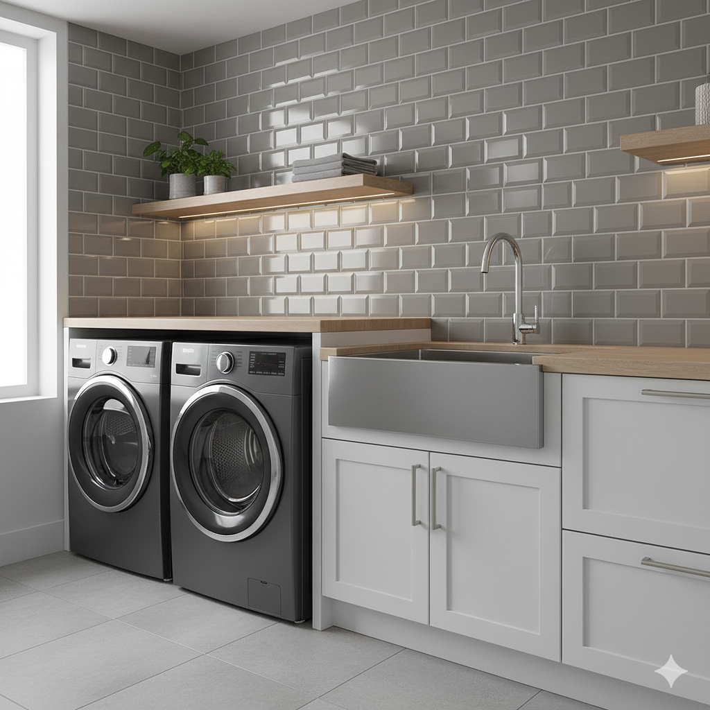 Grey gloss bevelled porcelain wall and floor tiles with modern ceramic finish