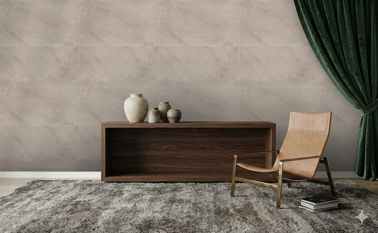 Grey glossy porcelain wall and floor tiles with concrete effect for modern interiors.
