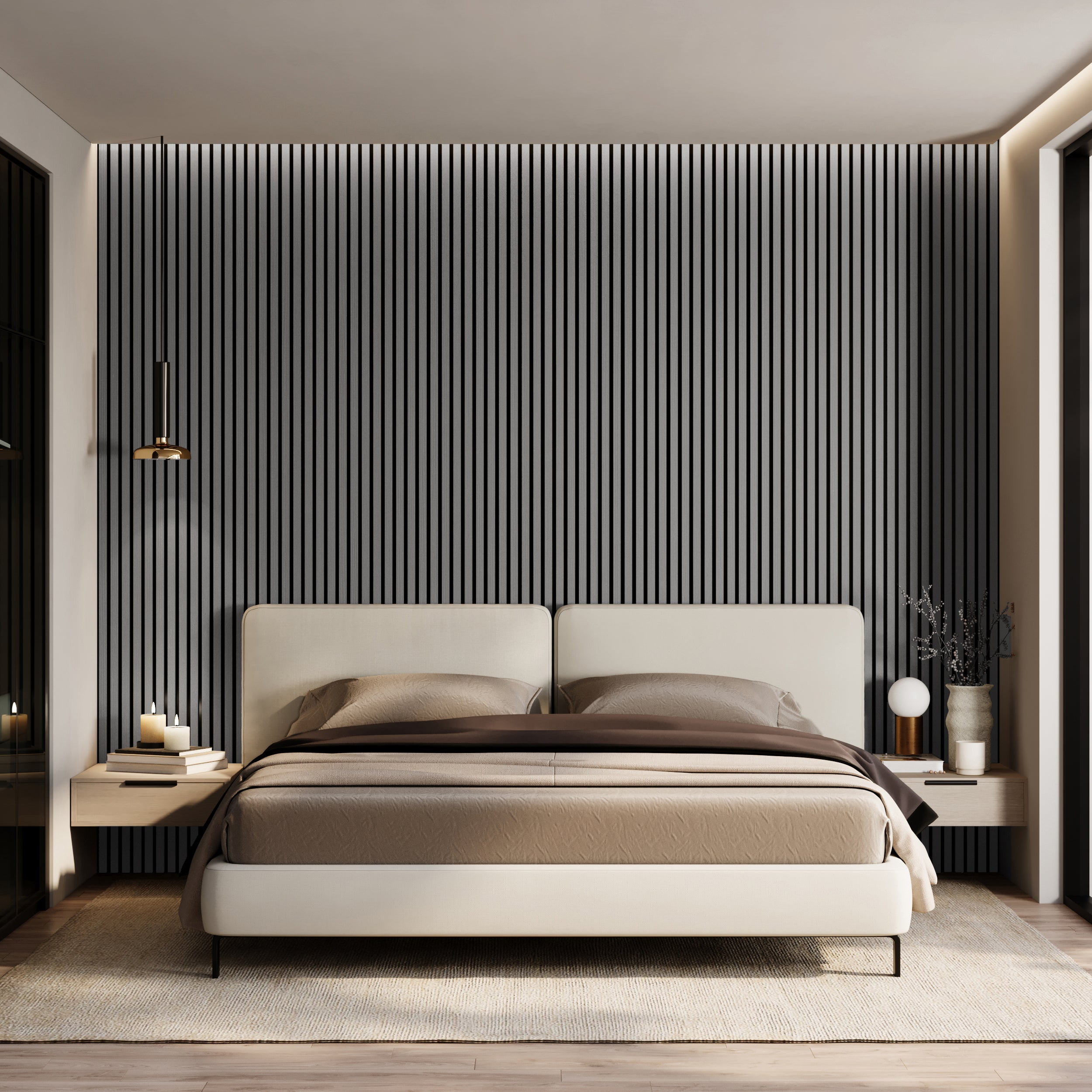 Elegant grey oak sound absorbing wood veneer panels, premium acoustic wall panels for quiet and stylish interiors.