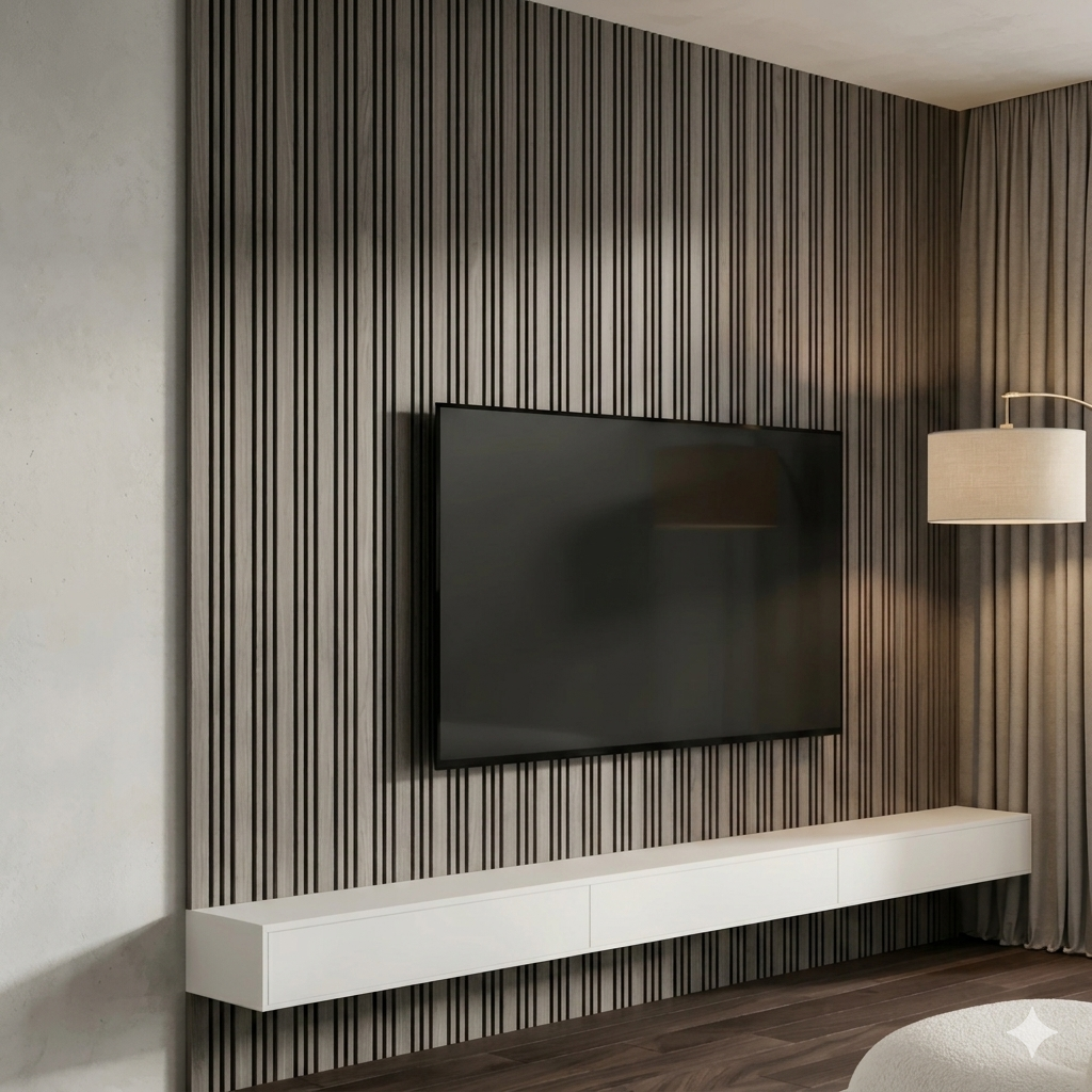 Grey oak sound absorbing acoustic wall panel with vertical slats for modern interiors and echo reduction