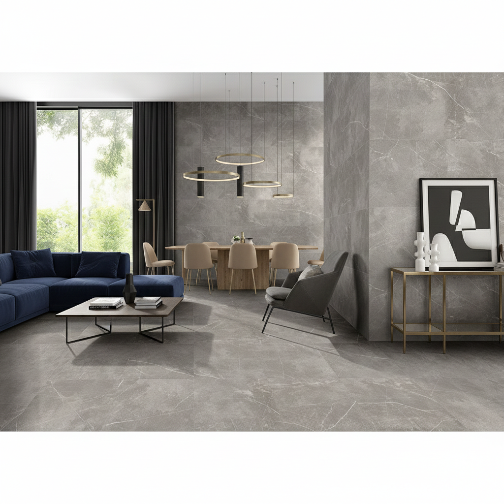 Grey Stone Effect Porcelain Wall And Floor Tiles in Status Gris matt finish
