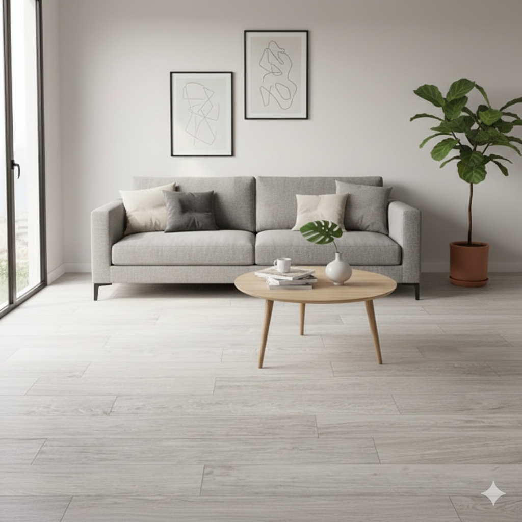 Porcelain wood effect tiles in soft grey tones, ideal for living room, kitchen, and hallway floors.