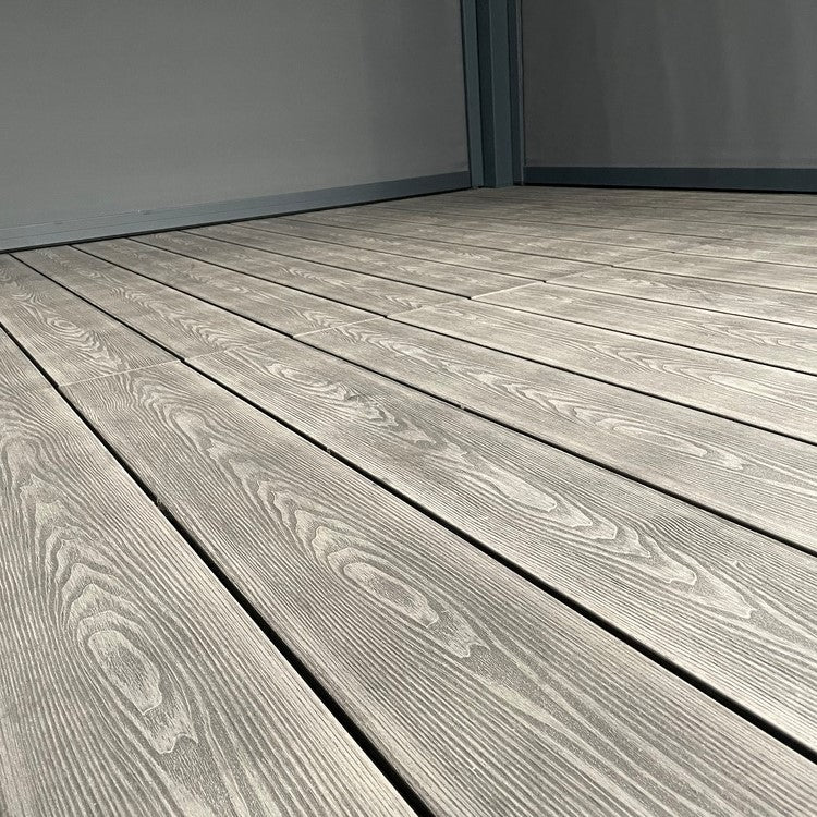 Grey double grove teak wood decking for flooring.