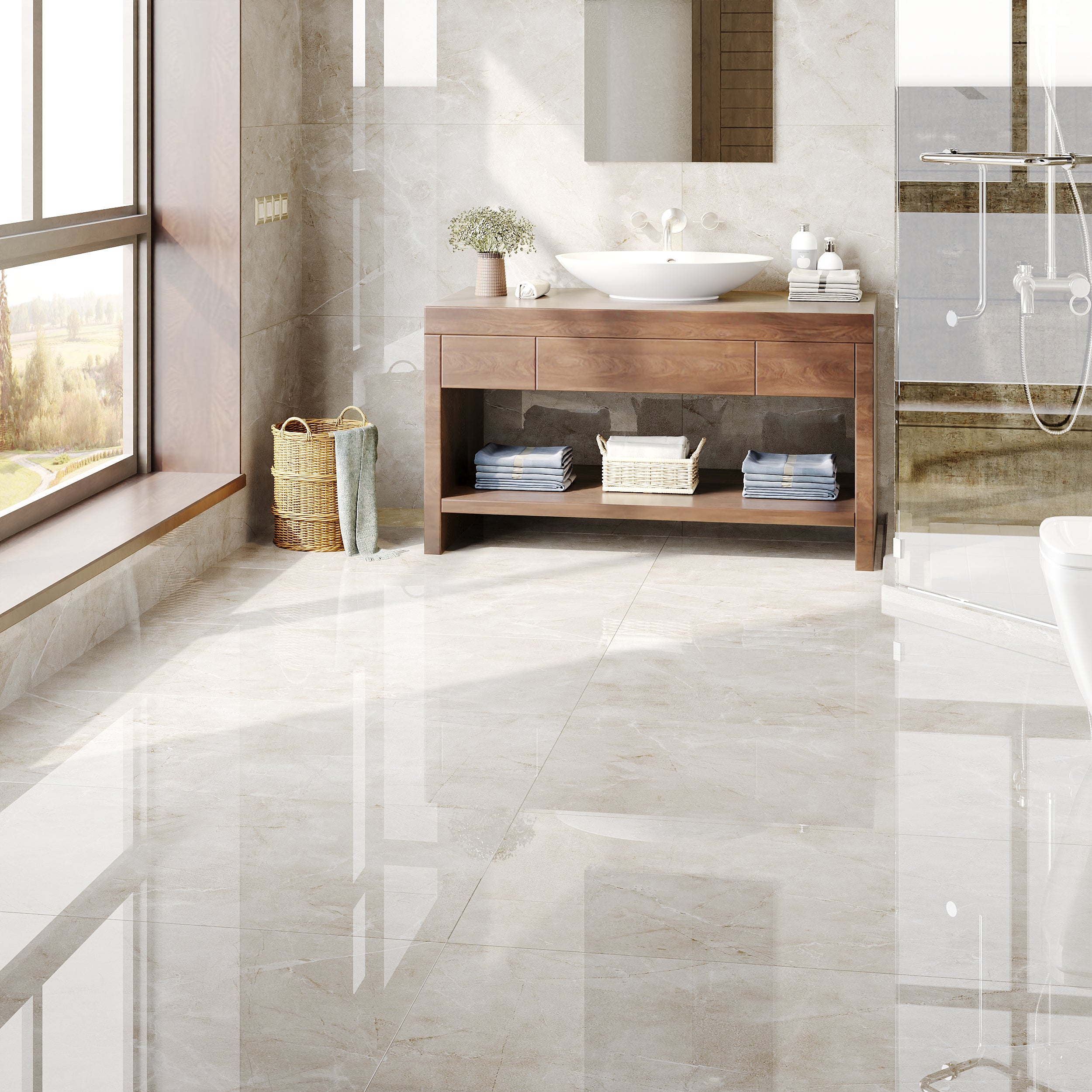 Hampton Cream Polished Porcelain Tiles with smooth stone effect for luxurious bathroom and kitchen floors.