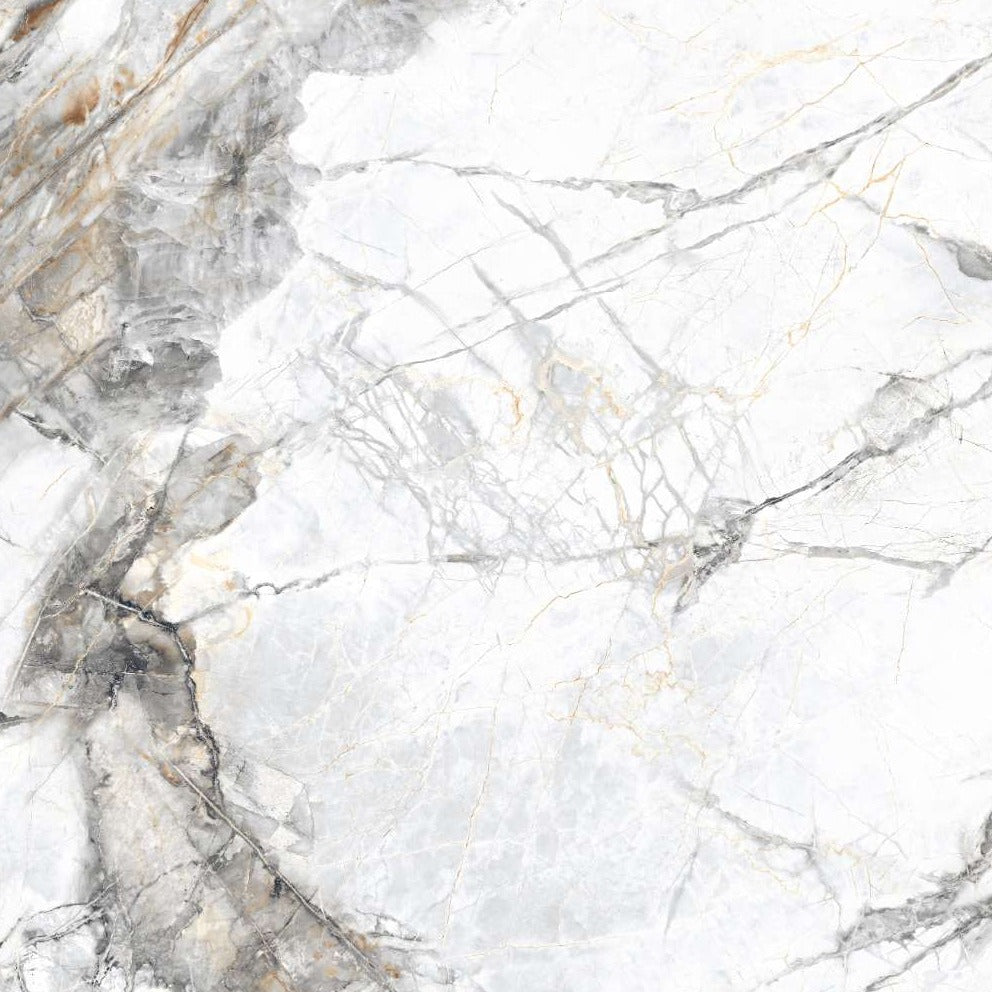 High gloss Supremo Saturio Porcelain Wall And Floor Tiles with luxurious marble-inspired swirl patterns.