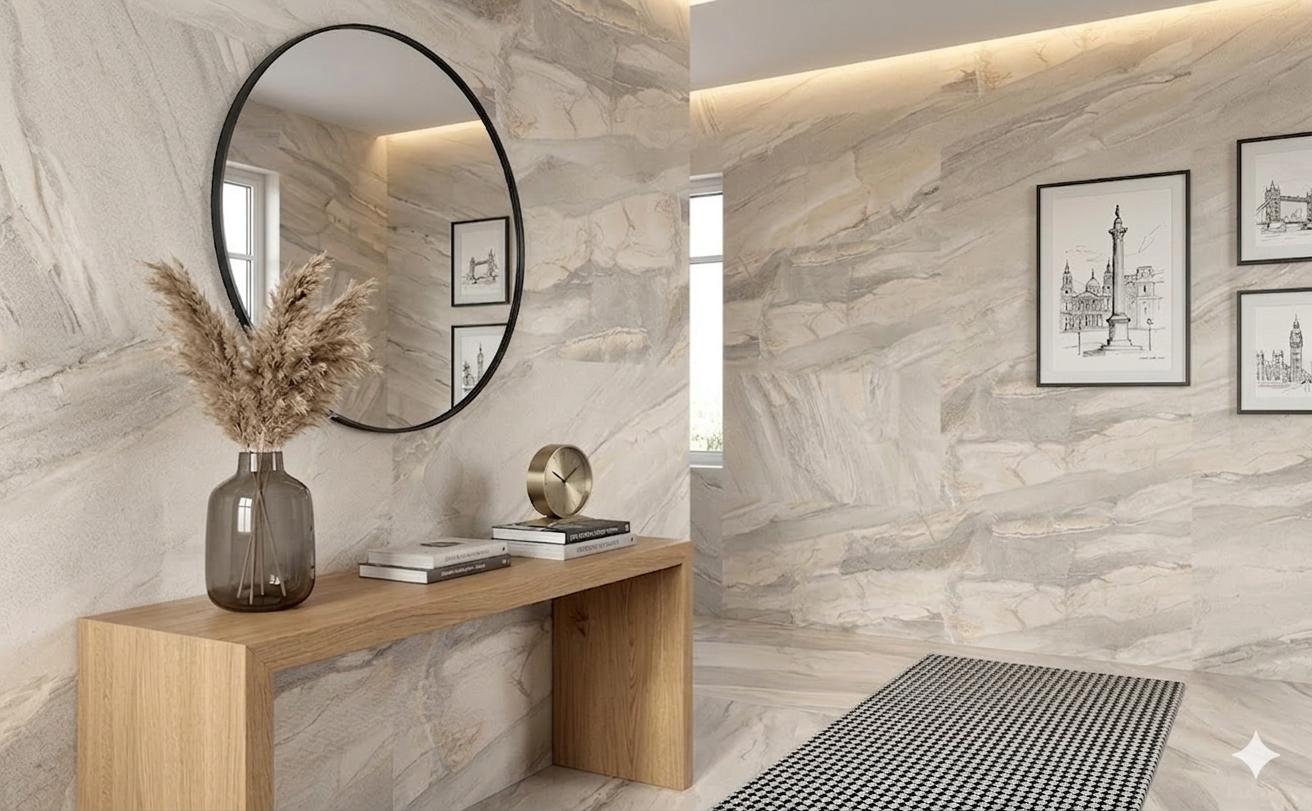 Iconic Lite white marble effect Porcelain wall and floor tiles with glossy finish for modern interiors