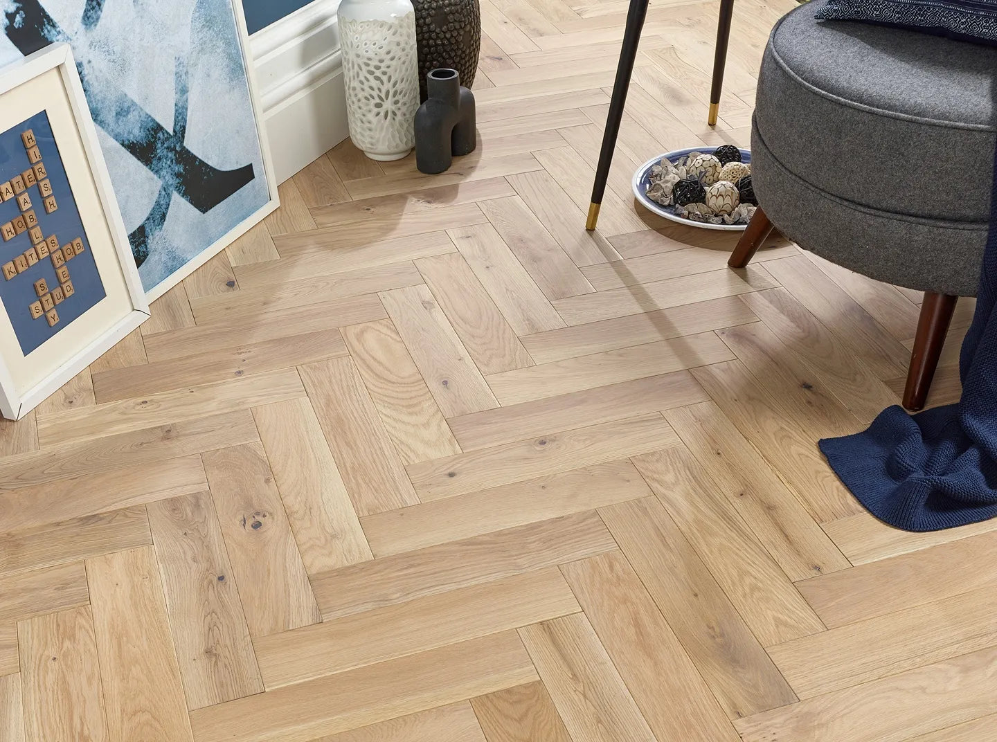 Invisible oiled engineered wood flooring in herringbone pattern, Porcelain Wall And Floor Tiles inspired look