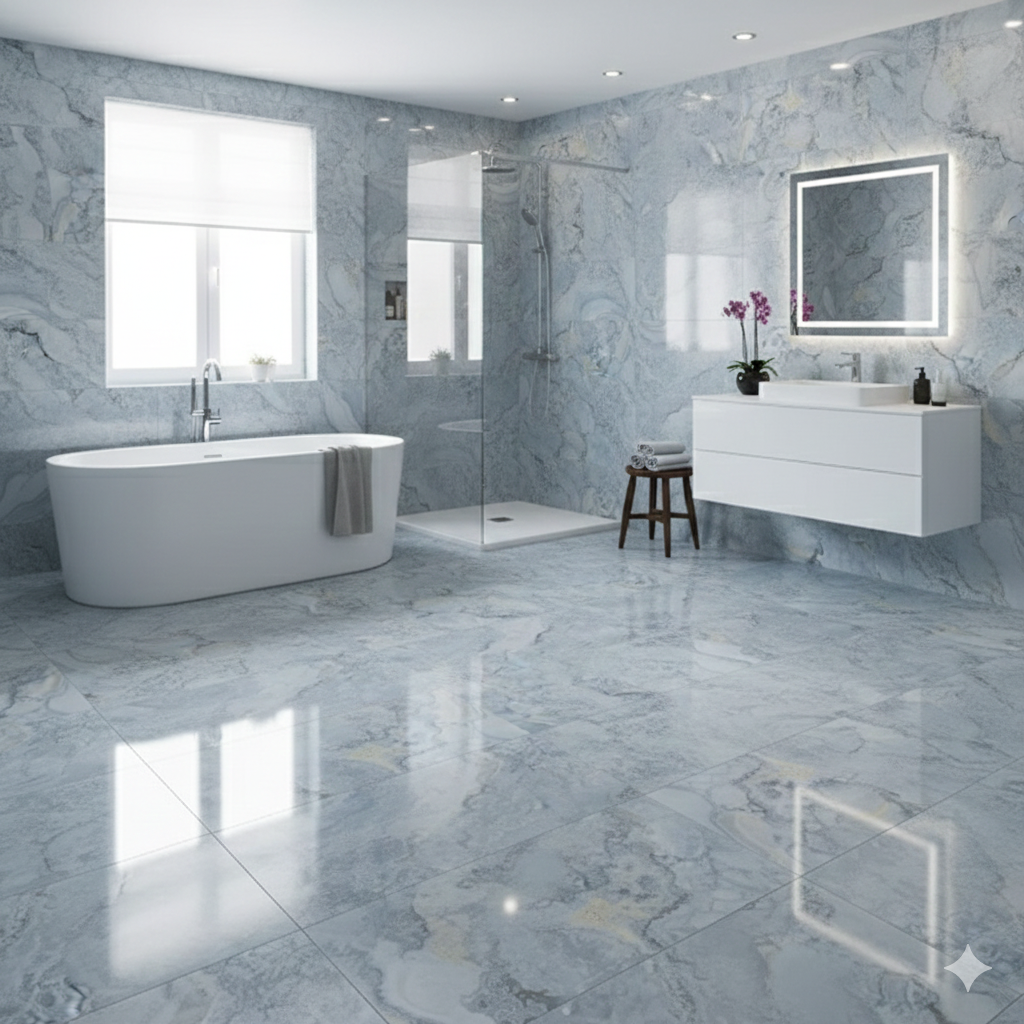 Koni Polished Pearl Porcelain Wall And Floor Tiles with creamy tones and elegant marble effect.