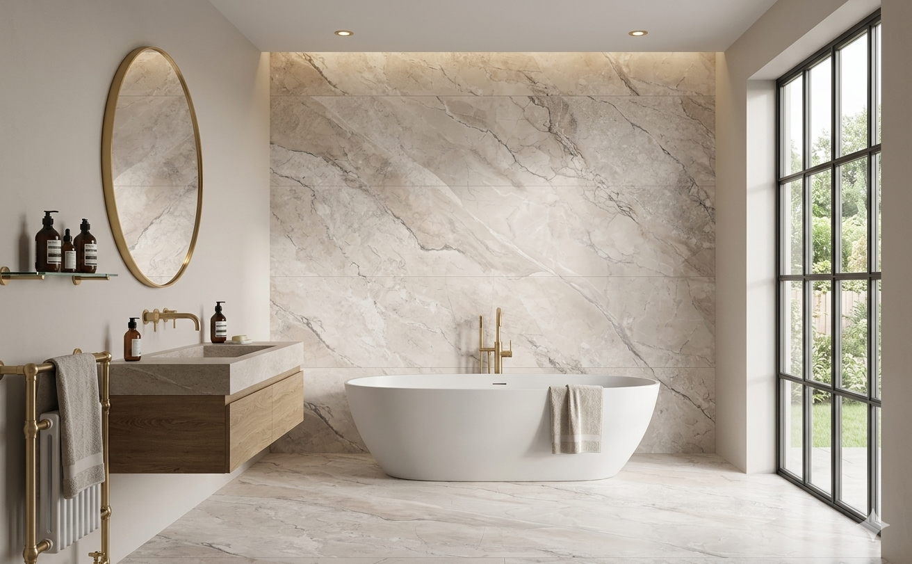 Large format beige marble look porcelain wall and floor tiles creating a seamless luxury appearance.