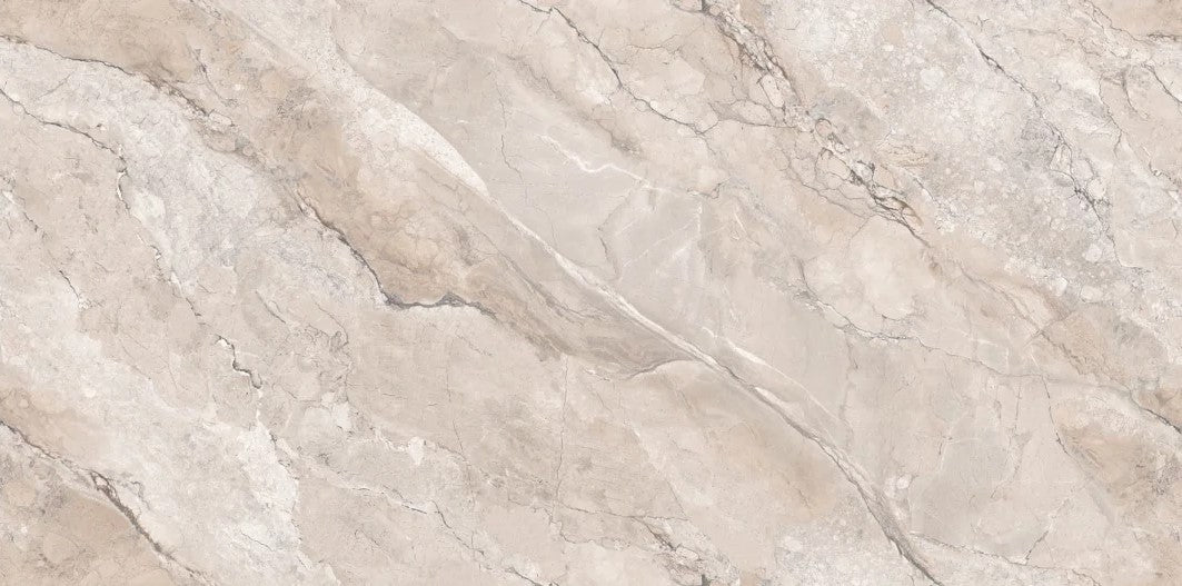 Large format porcelain wall and floor tiles with beige marble design for feature walls.