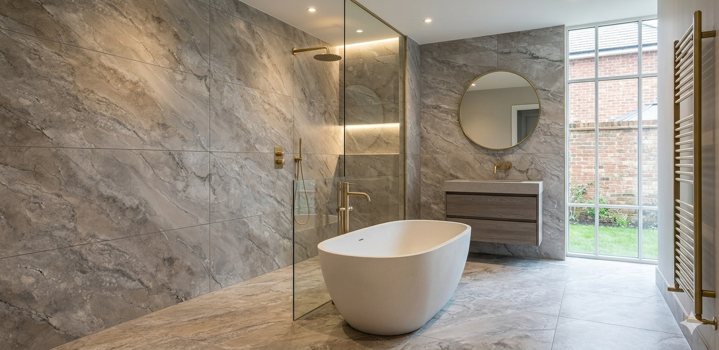 Large format grey marble effect porcelain wall and floor tiles with elegant carved surface detailing.