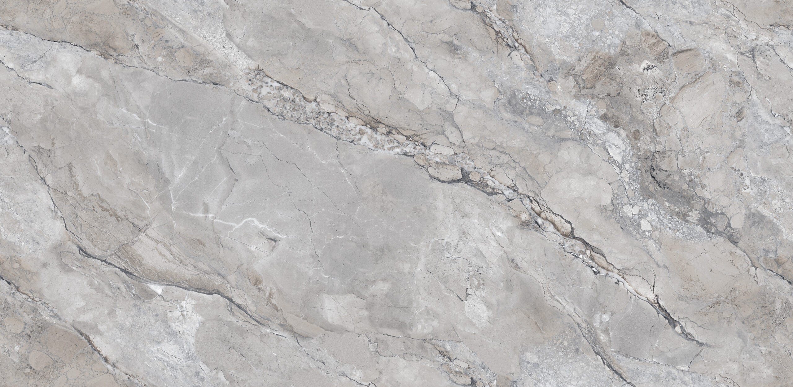Large format porcelain wall and floor tiles with grey marble design for feature walls.