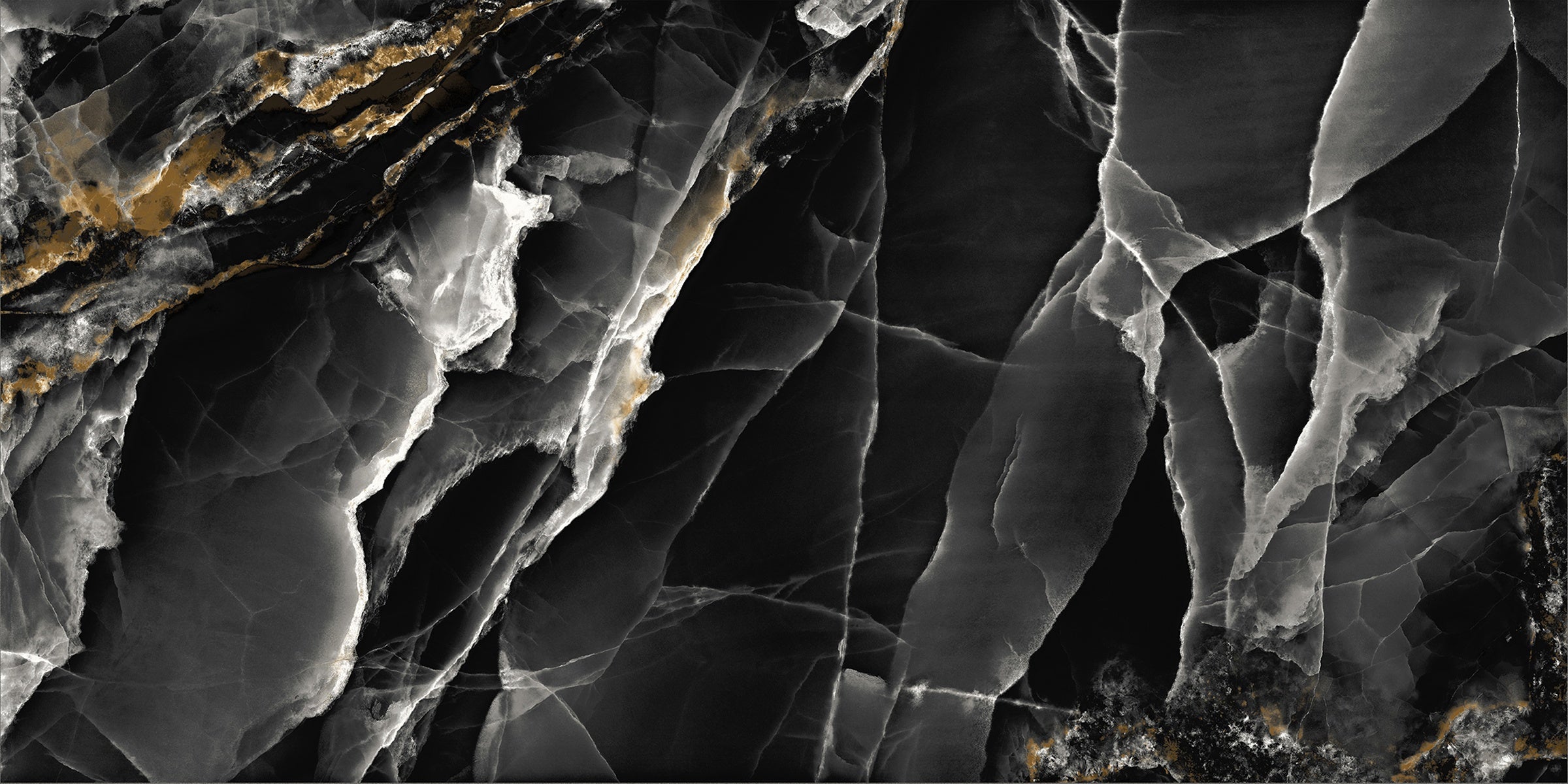 Large format porcelain wall and floor tiles with black marble effect and rectified edge glossy surface