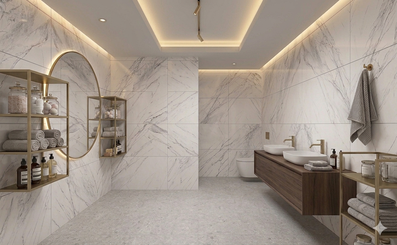 Large format white marble effect porcelain wall and floor tiles with elegant carved detailing.