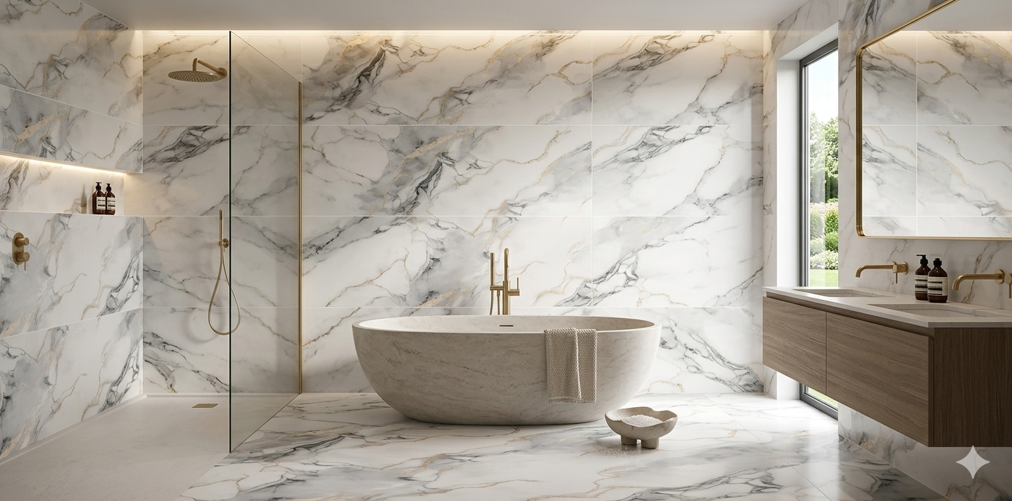 Large format porcelain wall and floor tiles featuring a white marble effect and refined carved texture.