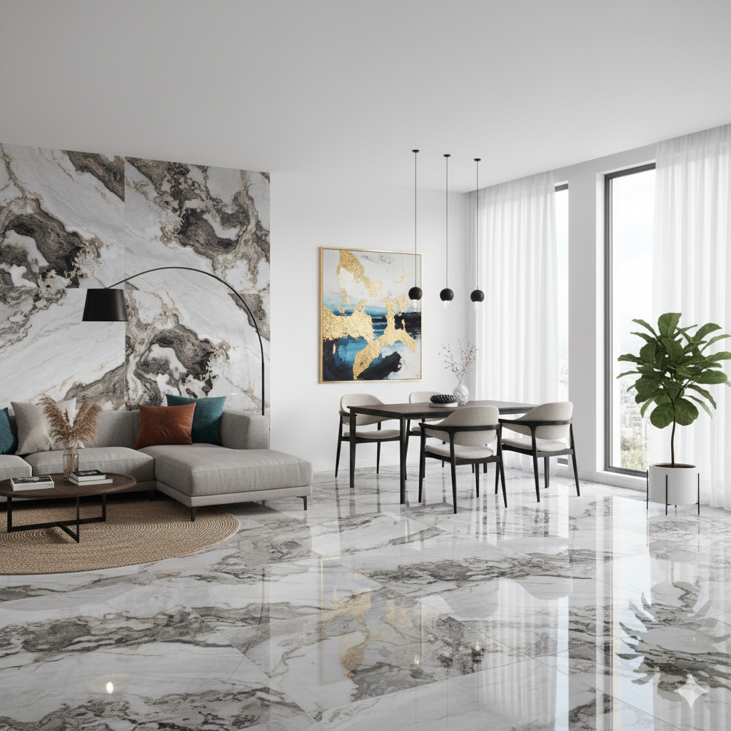 Large Grey Polished Porcelain Wall And Floor Tiles with marble effect for modern interiors.