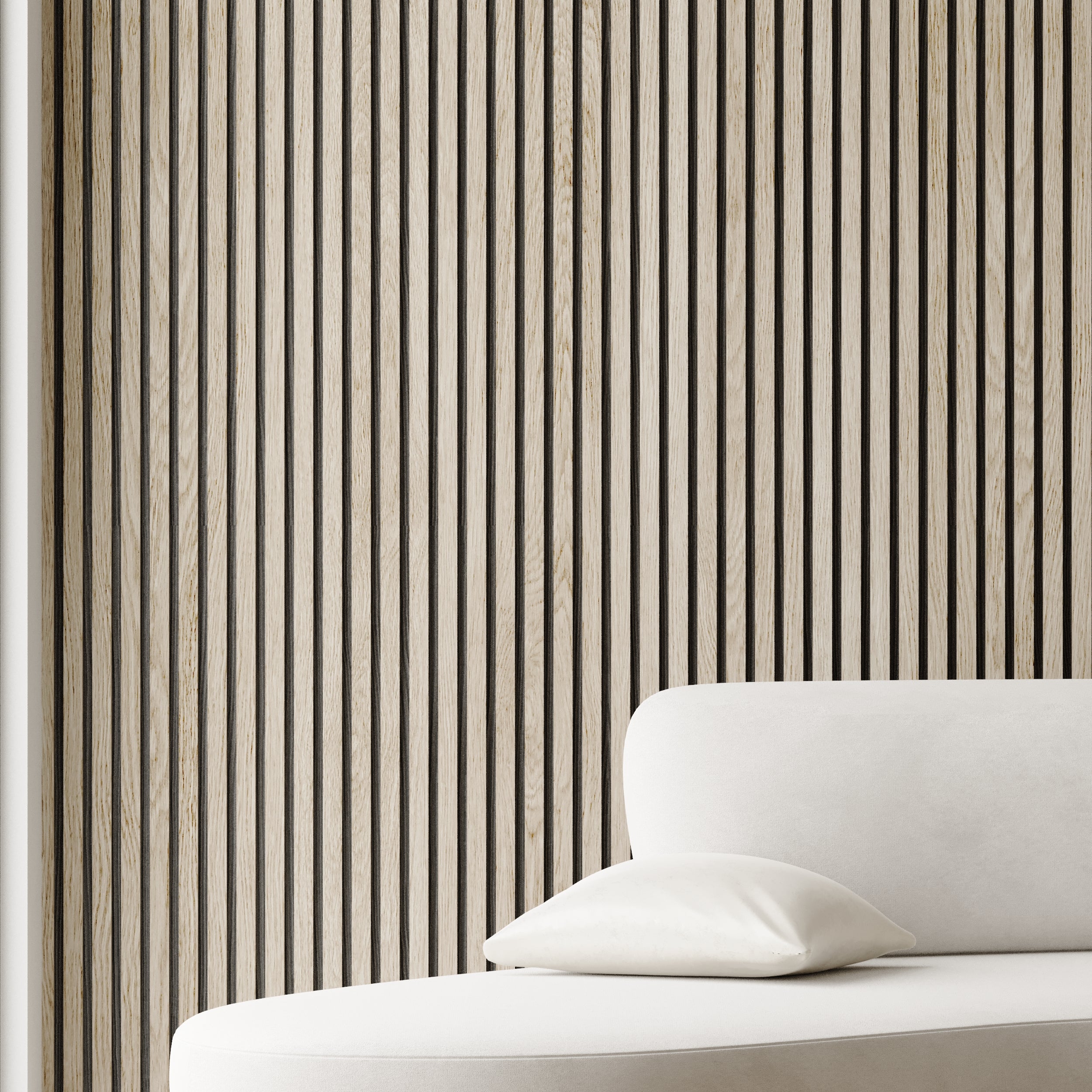 Light oak acoustic wall panels with sound absorbing core for refined living rooms, offices, and studios.