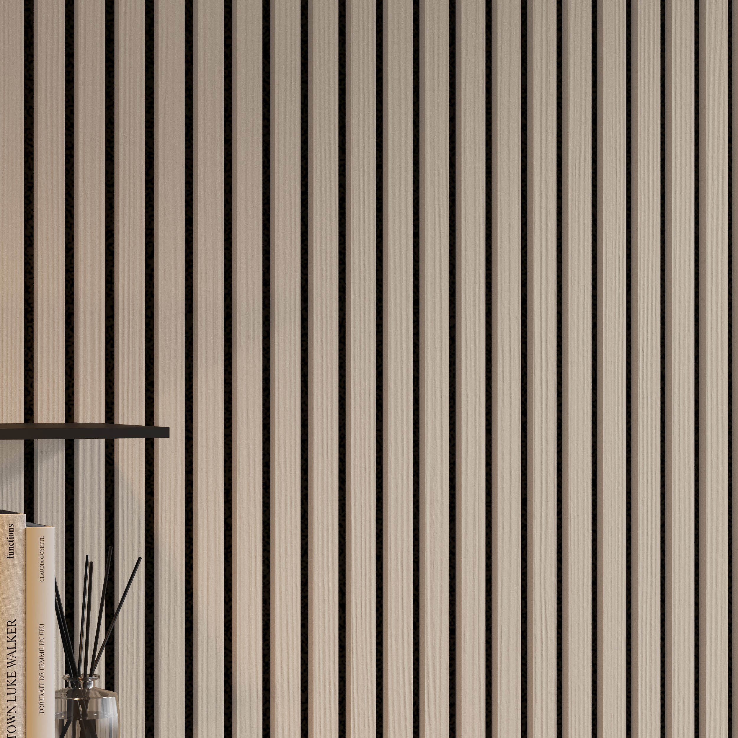 Light oak soundproof acoustic wall panels with vertical slats for modern homes and offices.