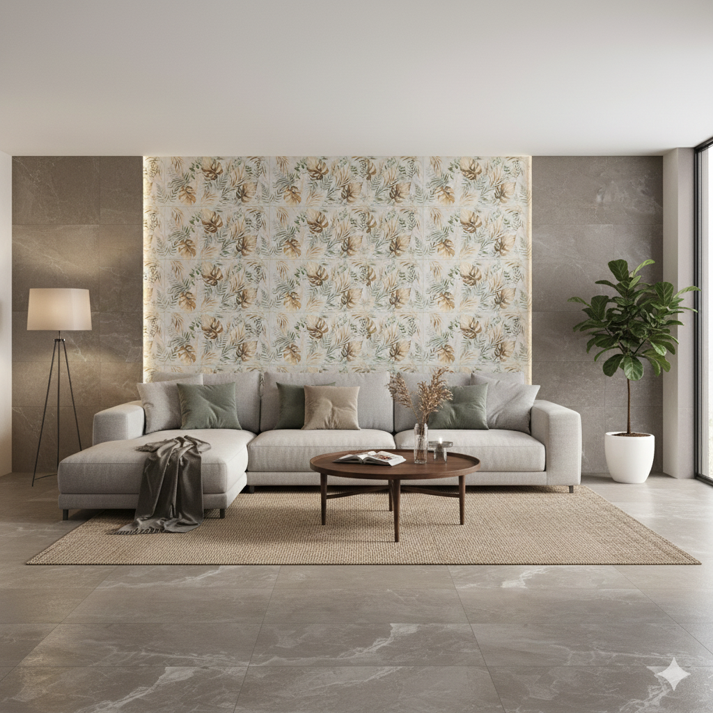 Linsey Forest matt porcelain wall and floor tiles in warm brown tone large format design.