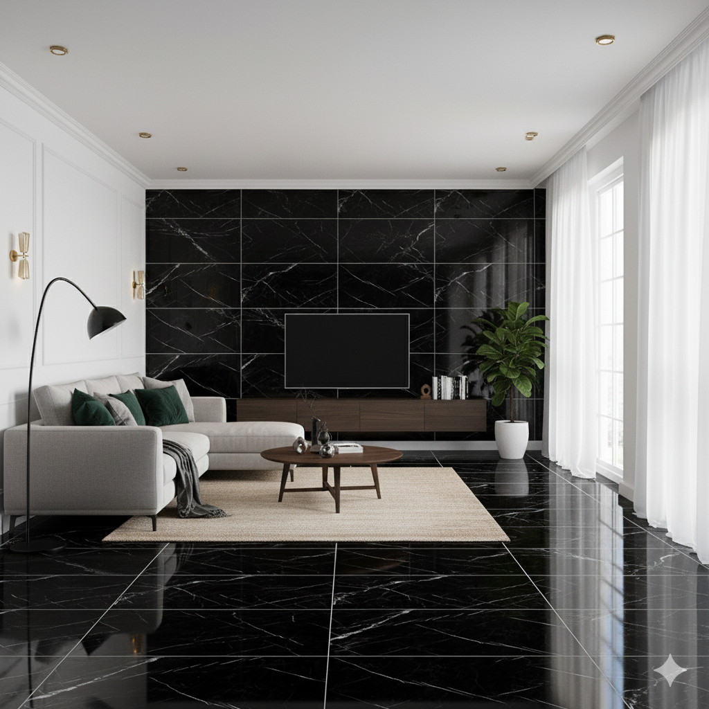 Luxury Black Marble Effect Porcelain Wall And Floor Tiles in polished finish for sleek, contemporary interiors.