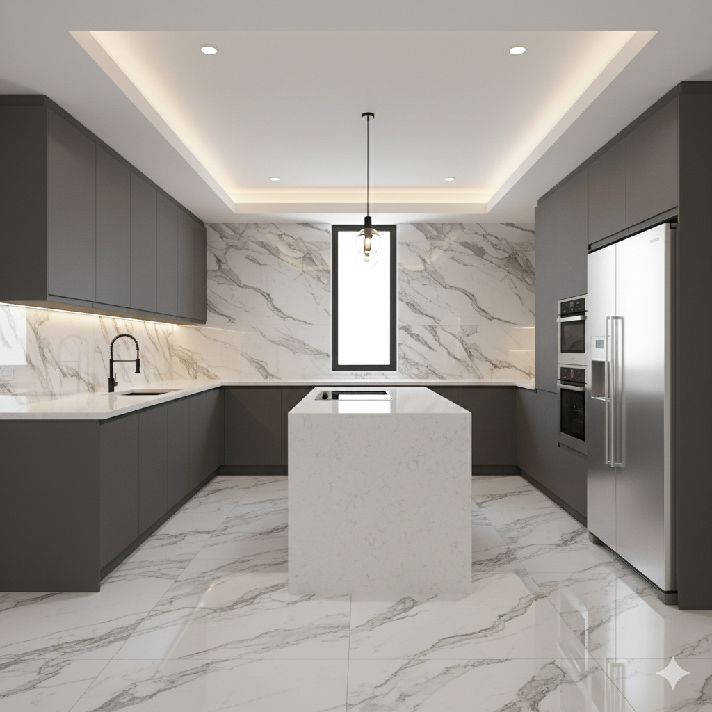 Luxury Grey Marble Effect Porcelain Wall And Floor Tiles in polished finish, ideal for bathrooms and living spaces.