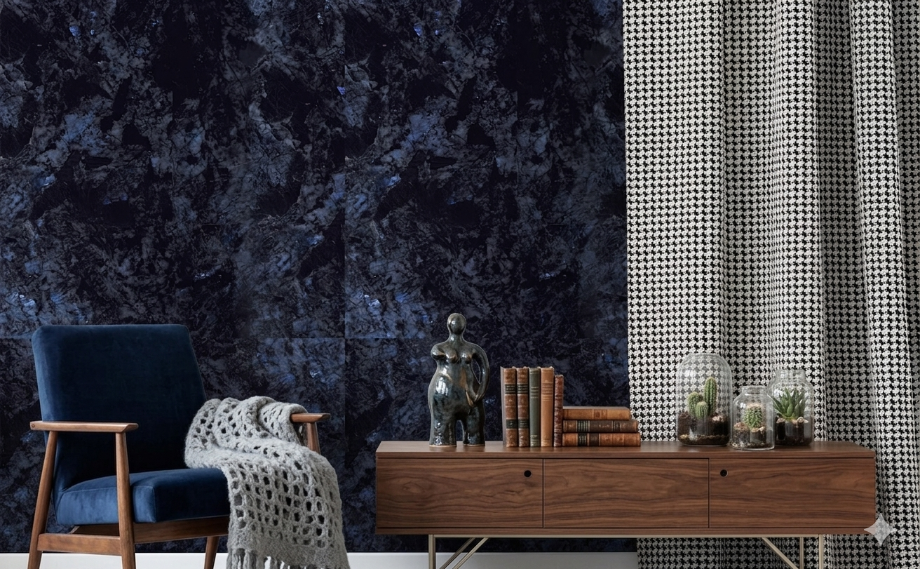 Luxury navy gloss porcelain wall and floor tiles for modern kitchen and bathroom interiors.
